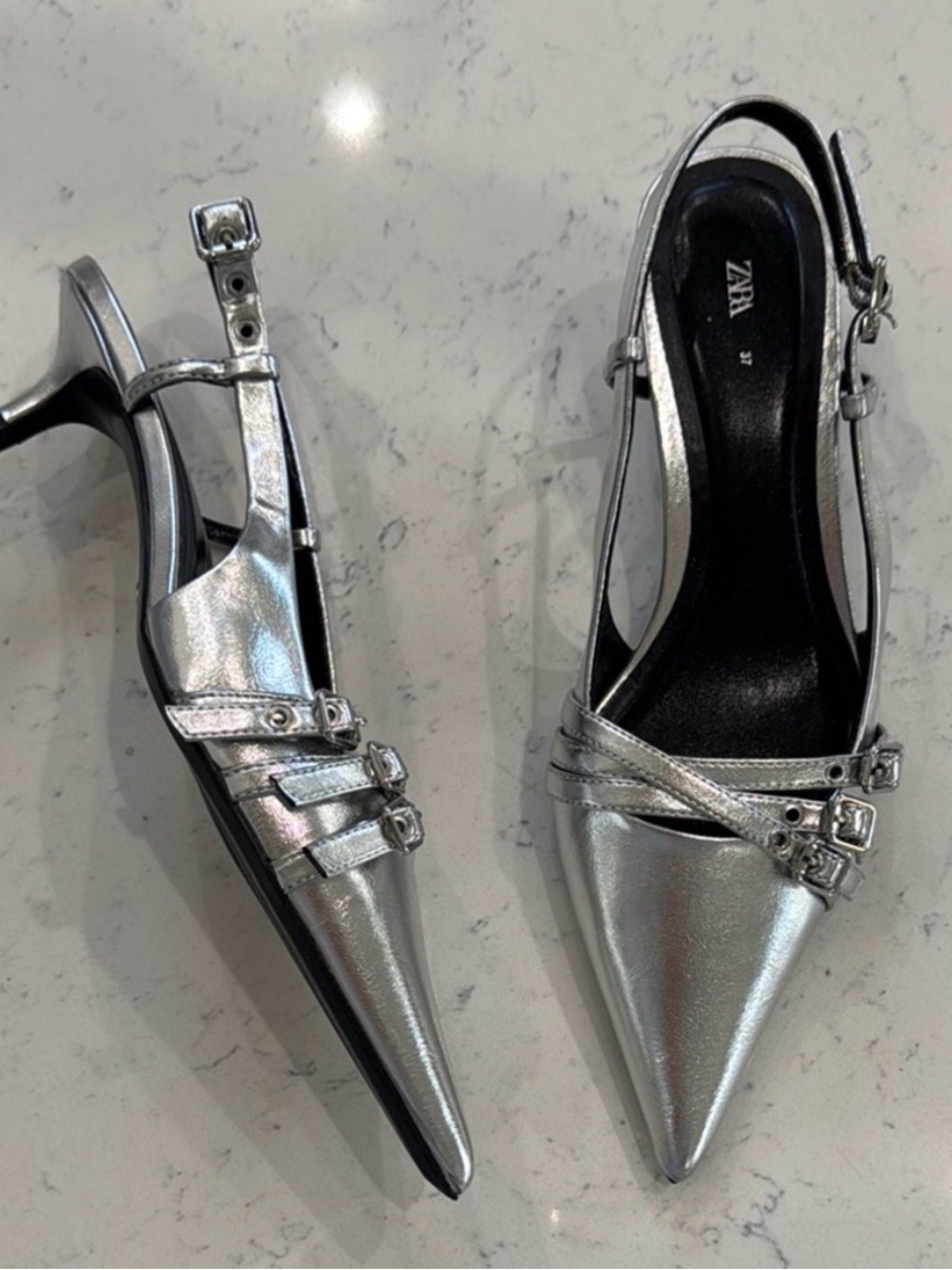 Metallic silver Zara strap sling bags